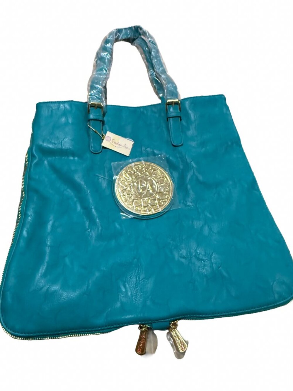 Penelope Ann NWT Teal Blue Expandable Large Tote Bag Gold Medallion Purse